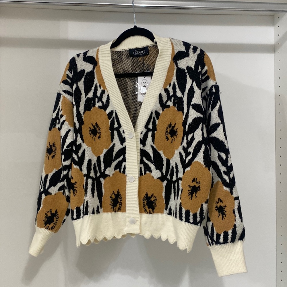 Knit slightly crop cardigan. NWT. Black is sparkly with scalloped hem.